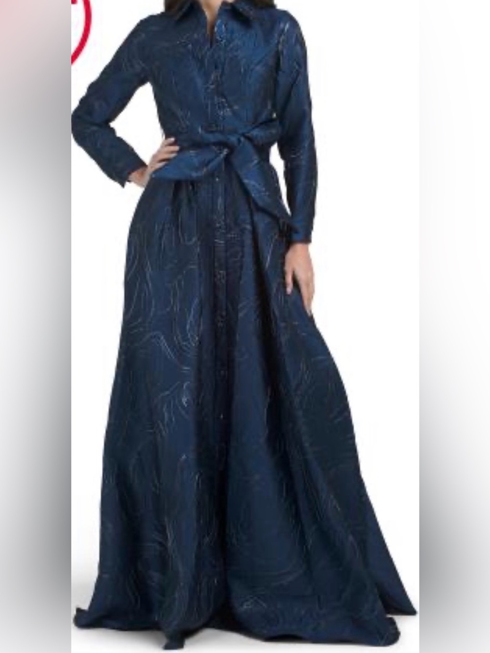 TERANI COUTURE Navy Sleeveless Button Down Jacquard Shirt Gown W/Attached Sash - Picture 3 of 4